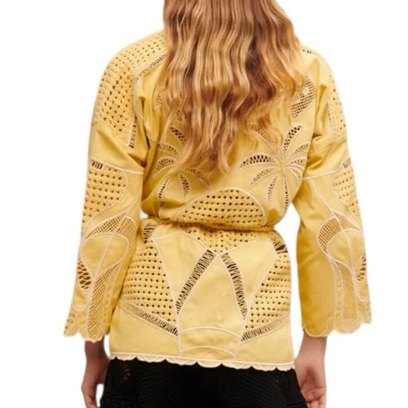 Maje Biana Crocheted Cotton Kimono Jacket in Yellow Banana Size Small - Picture 3 of 12